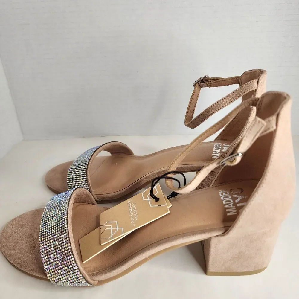 NIB Madden NYC Women's SIZE 8 1/2 Blush Illie City Rhinestone Strappy Sandals